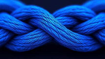 Vibrant blue rope on black, detailed closeup of nautical cord texture, fibers, and decorative knots