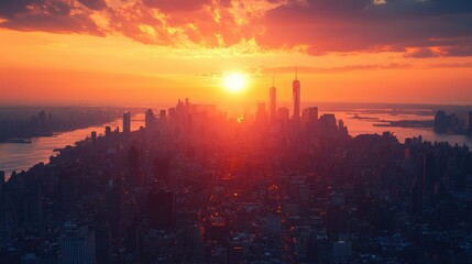 Fototapeta premium Vibrant sunset over a sprawling cityscape, sun rays illuminating buildings.