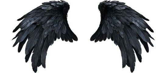 Symmetrical black angel wings with glossy shine on transparent background, creating a striking visual impact.