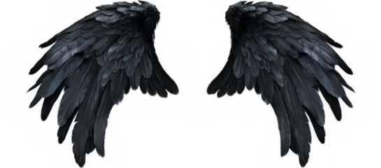 Symmetrical black angel wings with glossy shine on transparent background, creating a striking visual impact.