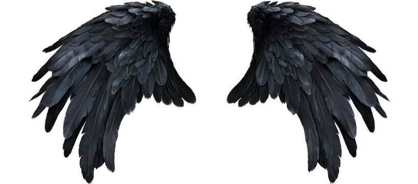 Symmetrical black angel wings with glossy shine on transparent background, creating a striking visual impact.