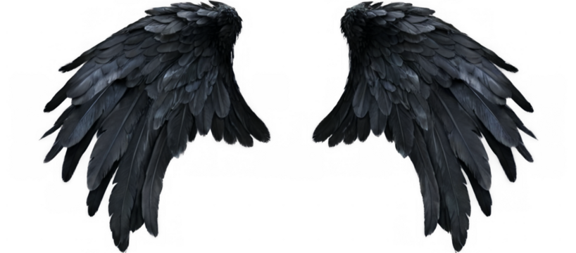 Symmetrical black angel wings with glossy shine on transparent background, creating a striking visual impact.