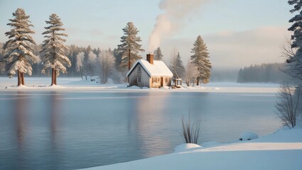 AI GENERATE, A peaceful winter landscape with a frozen lake and a small cottage in the distance