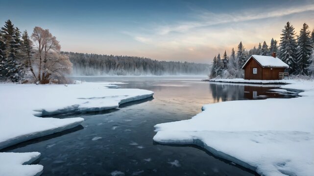 AI GENERATE, A peaceful winter landscape with a frozen lake and a small cottage in the distance