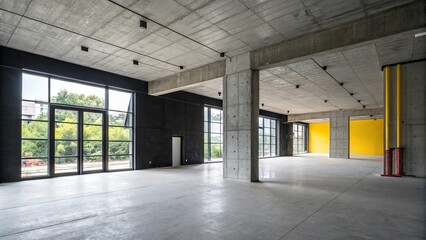 Obraz premium Minimalist concrete interior with dark walls and bright accent walls, bright accent walls, simple aesthetic, space efficiency, dark walls