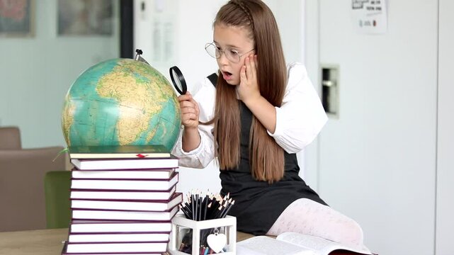 amazing brunette girls 8 years old schoolgirls sitting at desk looking at globe at school - Powered by Adobe