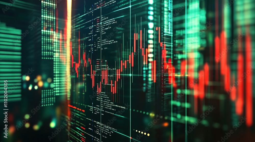 Poster digital financial data visualization with graphs and code elements.
