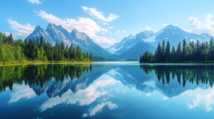 Fototapeta premium A scenic background with a mountain range reflected in a calm, crystal-clear lake