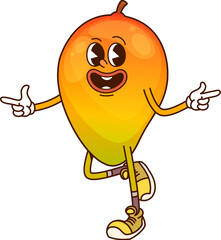 Cartoon funny groovy mango fruit character. Vector cheerful, tropical, ripe and healthy fruity personage with expressive eyes and sneakers happily smiling, showcasing a friendly and positive y2k vibes