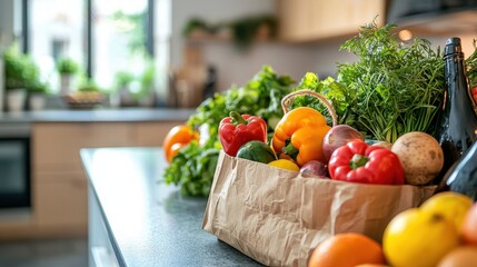 A mother unpacking groceries on the kitchen counter while her kids excitedly help. The bright and cheerful environment reflects teamwork and everyday life 