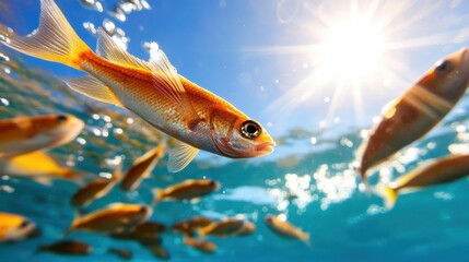A vibrantly colored fish swims through a sparkling ocean bathed in sunlight. The scene captures the essence of joy and vitality in a stunning aquatic world.