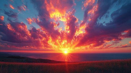 Obraz premium Vibrant sunset over ocean and field.