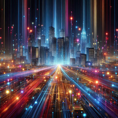 Fototapeta premium Futuristic cityscape with vibrant digital lights