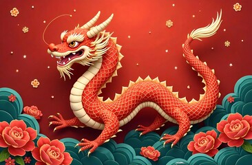 Fototapeta premium Asian card with dragon and decoration on red background.