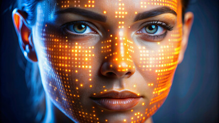 Portrait of a woman with glowing orange digital patterns on her face, highlighting futuristic themes like cyberpunk, AI, augmented reality, face mapping, and biometric technology in modern design