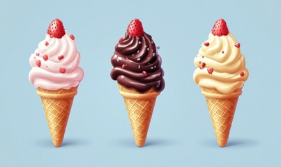 Isometric ice cream cone with scoops of vanilla, chocolate, and strawberry, fun dessert icon, 3D icon set