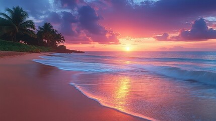 Vibrant sunset over tranquil beach with palm trees, pink sky, and gentle waves.