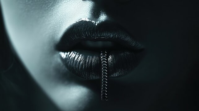A woman's lips are pierced with a chain