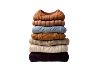 Stack of warm, knitted wool sweaters or jumpers, isolated on a transparent background. Soft, comfortable winter and fall clothes.