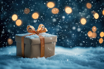 Christmas gift on snow background. Merry Christmas and Happy New Year greeting card. Christmas eve and holidays concept. Generated AI