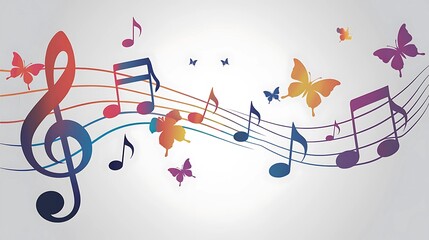 A colorful vector style illustration of music notes with butterflies.
