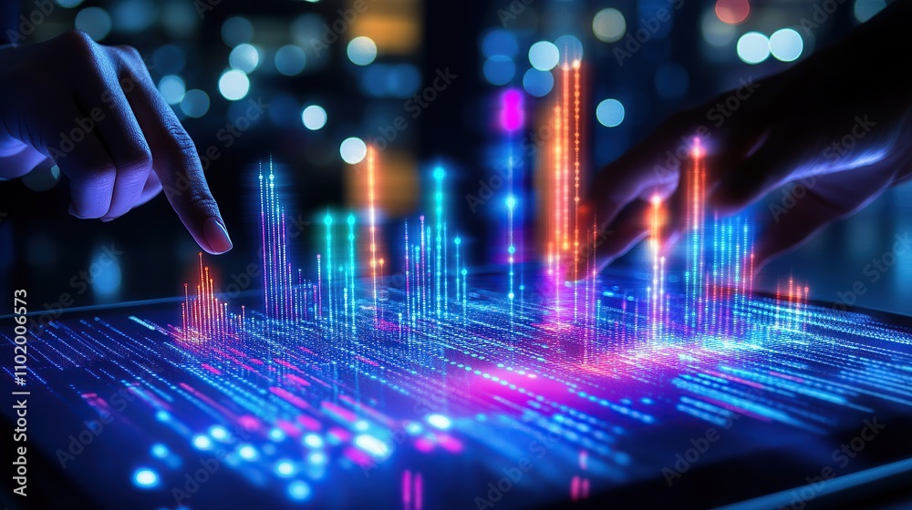 Poster digital data visualization with hands interacting.