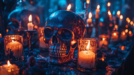 A spooky carnival event with eerie skull decorations and dark, gothic elements, creating a horror-filled scene