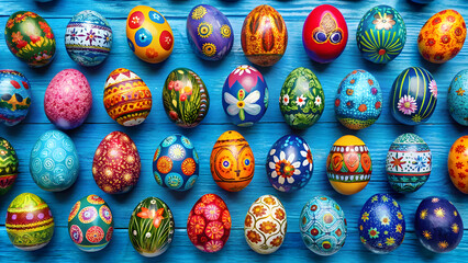 Vibrant Blue Background with Hand-Painted Easter Eggs Featuring Animal Motifs and Copy Space. Easter, Kids' events, Creative displays