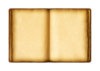 Old open medieval book with worn parchment pages. Isolated on transparent background