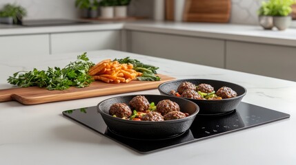 Two shiny frying pans rest on a sunlit kitchen counter, surrounded by fresh vegetables and raw meat, accentuating the vibrant colors of the ingredients
