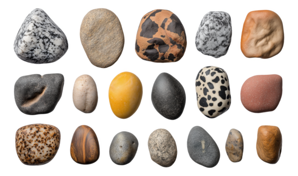 Various smooth pebbles with different colors and patterns