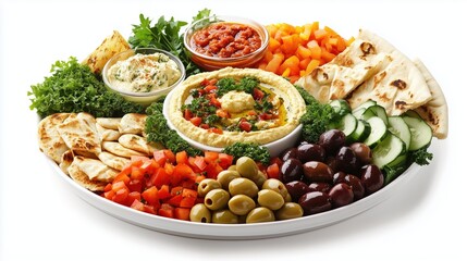 A white plate filled with a colorful assortment of food, including hummus, vegetables, and olives. The plate is placed on a white background, creating a visually appealing presentation