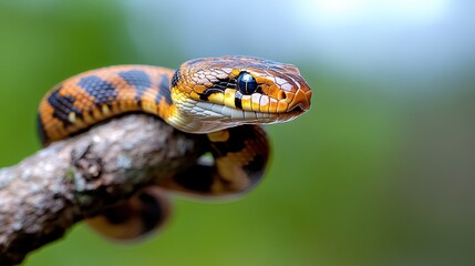 A close-up of a patterned snake carefully draped over a tree limb, set against a softly focused green background, highlighting its intricate colors.
