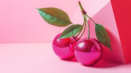 Playful composition of two vibrant pink disco ball cherries with green leaves, set against a geometric pink background, symbolizing fun and creativity.