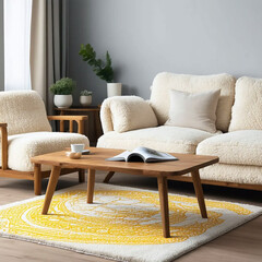 Elegant side sofa with light upholstery featuring sheepskin and astrakhan texture. Elegant wooden coffee table with a cup of coffee, a saucer with a cake and an open magazine.