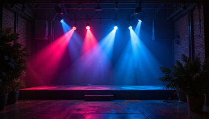 Empty stage with red and blue spotlights in industrial space