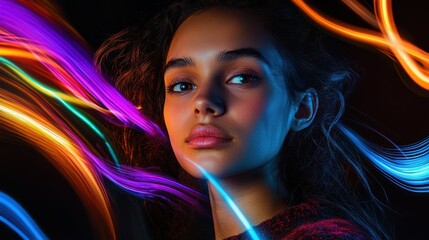 Fototapeta premium Portrait of a young woman surrounded by flowing light streaks, blending elegance with vibrant motion in vivid colors.