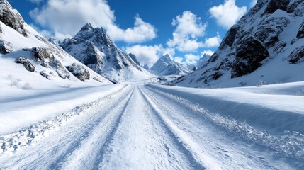 Obraz premium Snow-covered path extends into the vast wilderness, flanked by rugged mountains under a vibrant blue sky, offering a gateway to untouched winter beauty.