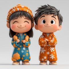 Winter Wonderland: Two adorable 3D animated characters, a girl and a boy, are dressed in cozy winter pajamas,  smiling brightly.  Their playful and cheerful expressions exude warmth and happiness.