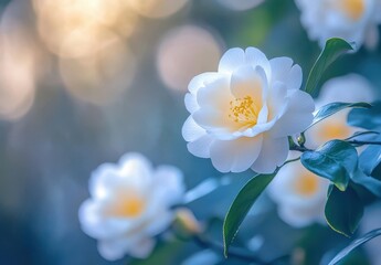Beautiful White Camellia Blossoms Against a Softly Blurred Backdrop with Warm Sunlight and Colorful Bokeh in a Tranquil Spring Garden Setting