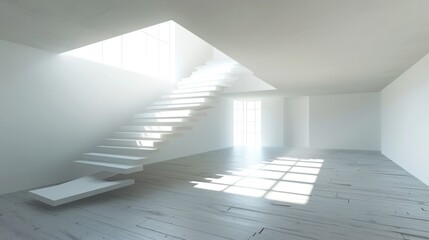 Obraz premium A bright and airy minimalistic interior with a floating staircase leading to an upper level. The open space and large windows allow natural light to flood the room, creating a calm and serene