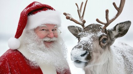 Santa Claus shares a magical moment with a snow-dusted reindeer under a winter sky, embodying Christmas spirit.