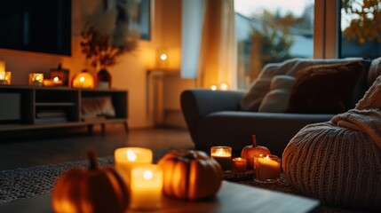 Cozy autumn living room with candles and pumpkins for ambiance.