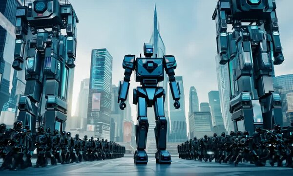 A group of robots are marching down a city street. The robots are all blue and are lined up in a row