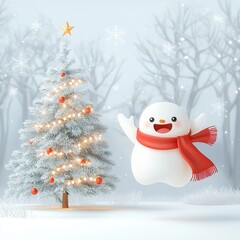 Cute Christmas Ghost. Cheerful snowman by Christmas tree