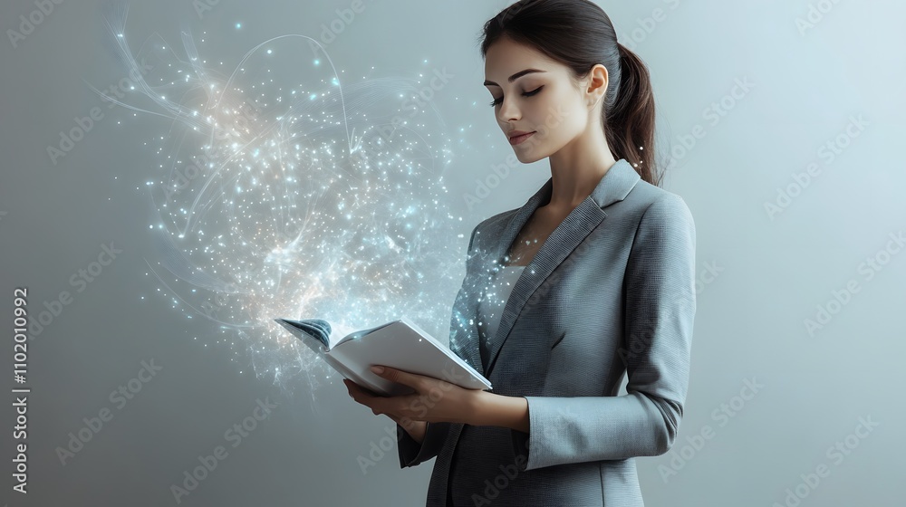 Poster A woman in a tailored gray suit stands confidently, holding an open booklet. Dynamic 3D graphs and analytical data rise from the booklet, glowing softly. The background is a plain, solid white studio