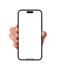 Hand showing smartphone with blank screen isolated on white background.