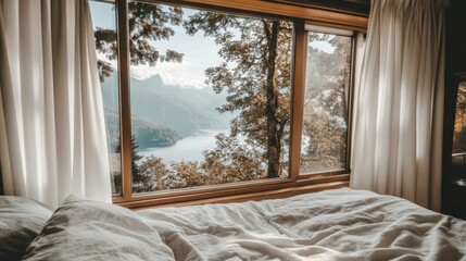 Serene Mountain Lake View from Cozy Bedroom Window