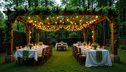Romantic outdoor dinner under a pergola with string lights
