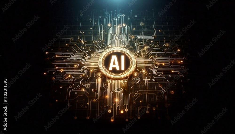 Poster futuristic circuit board with glowing ai symbol
